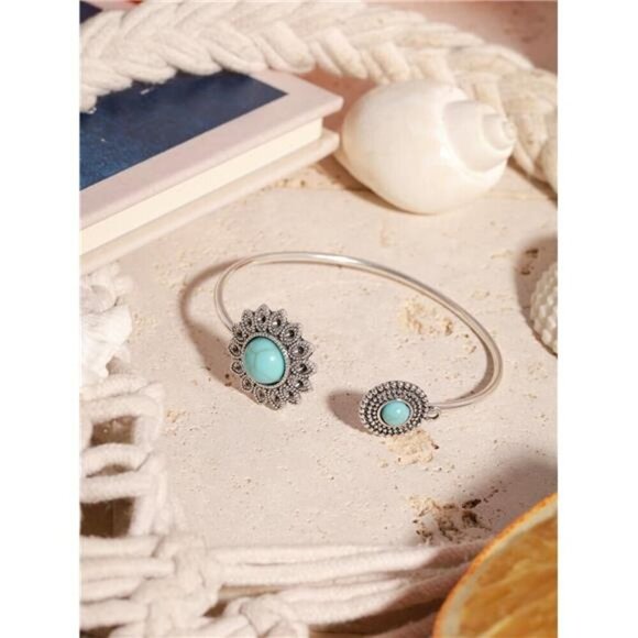 Bohemian Created Turquoise Flower Bangle Bracelet, Stainless Steel Open Bangle - Picture 6 of 6